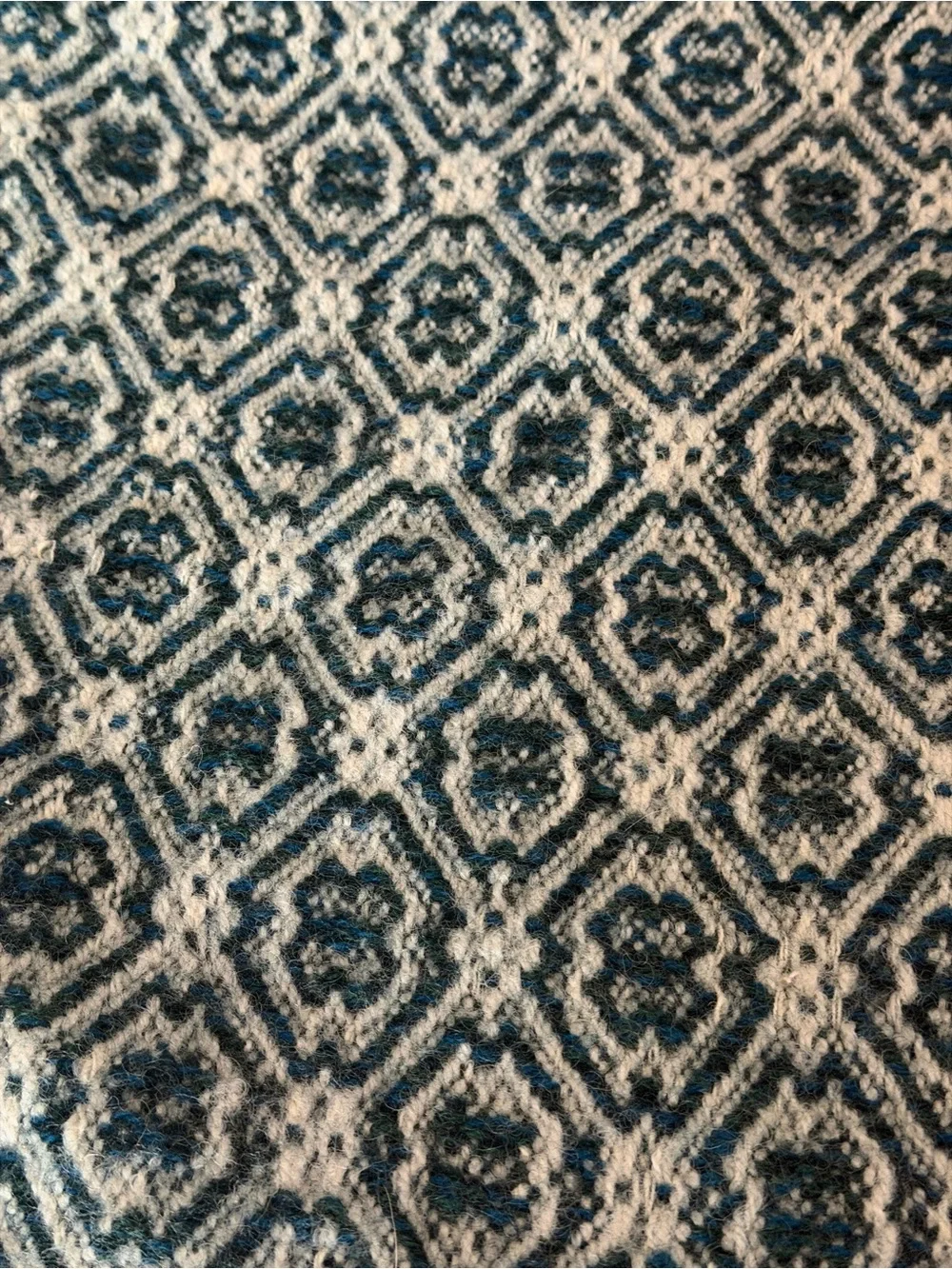 Antique 1920’s Throw Blanket Wool Woven Green  Cream Fringe 81”x 64” Perfect